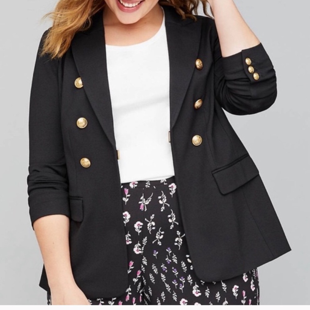 Lane Bryant stretch, lined blazer w/ gold buttons